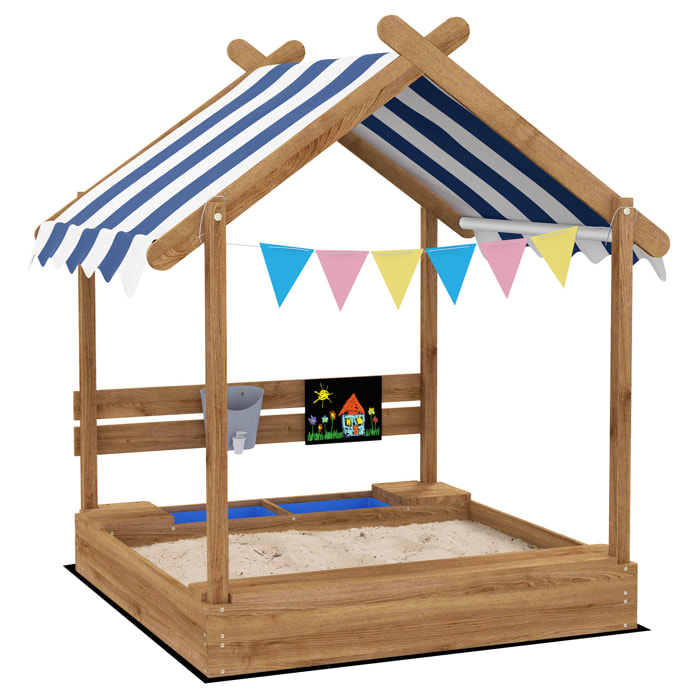 Arenero para Niños de Madera Arenero Infantil con Toldo 6 Banderines 2 Lavabos Grifo y Pizarra en Forma de Casa para Patio Jardín 124x116x146 cm Marrón