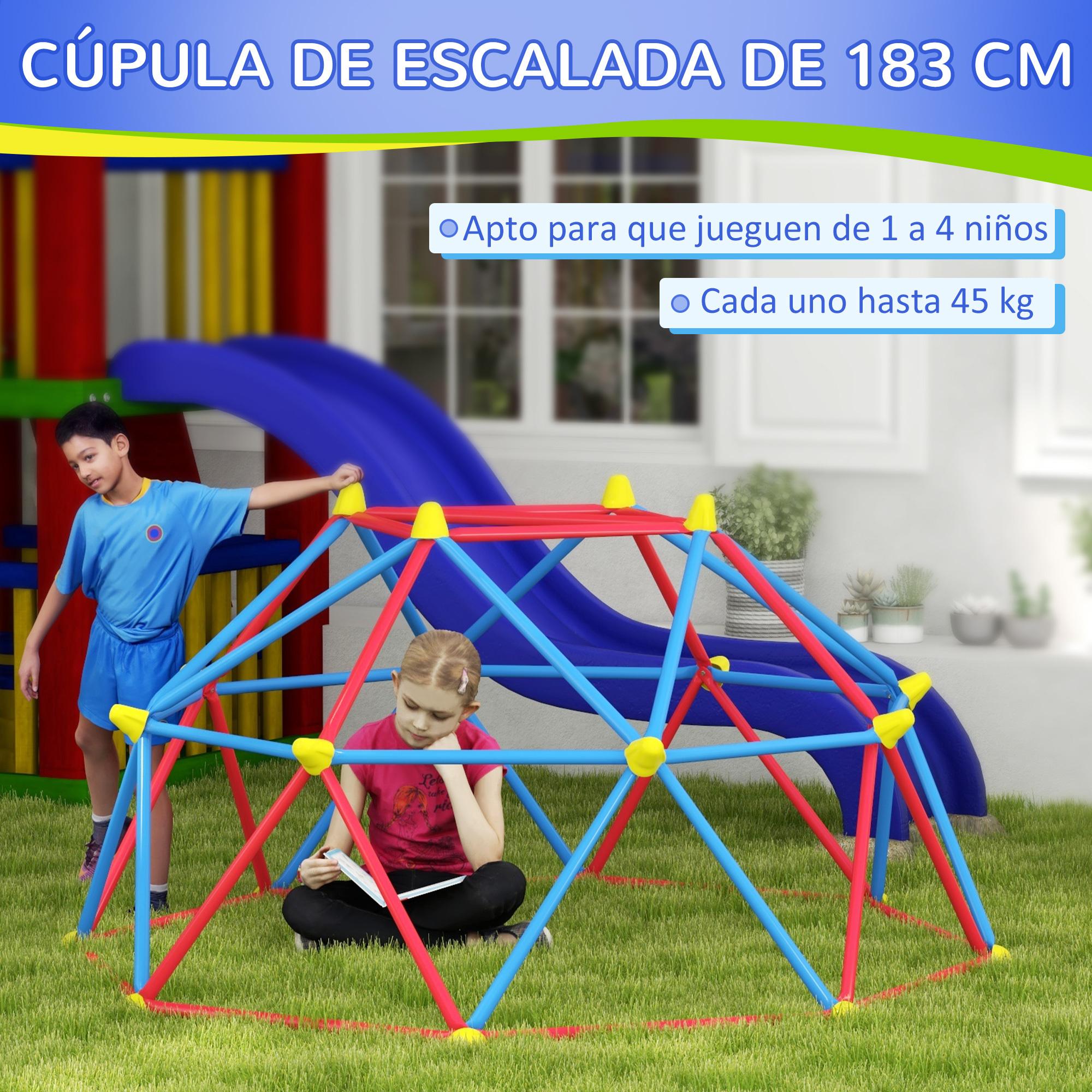 Cúpula de Escalada Juego de Cúpula Geométrica Parque Infantil para 3-8 Años con Marco de Metálico Anti-UV Carga 180 kg para Patio Jardín Ø183x90 cm Rojo y Azul