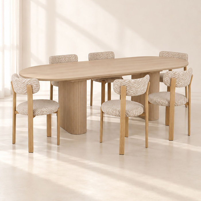 Ensemble table extensible 180-230cm et 6 chaises en tissu zèbre beige LILY