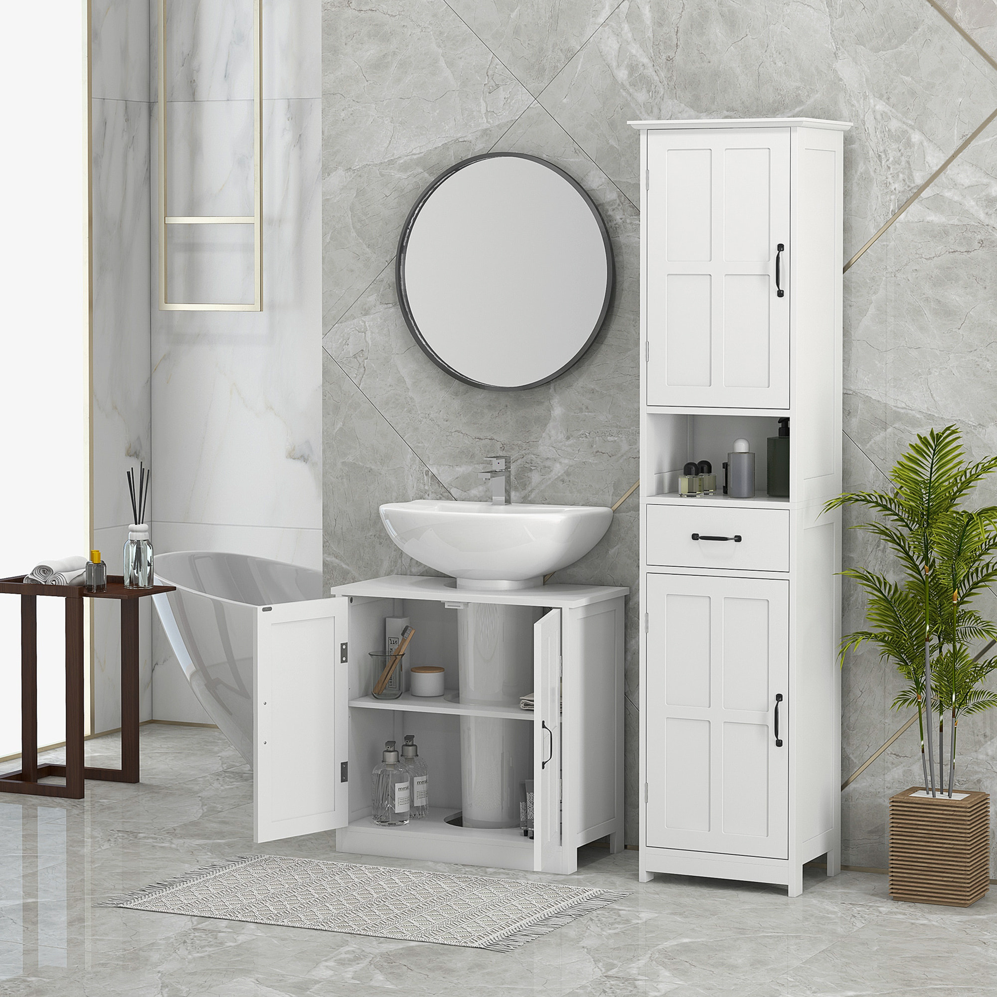 kleankin Mueble para Debajo del Lavabo Armario de Baño Bajo Lavabo con Puerta Doble y Estante Ajustable Carga 20 kg 60x30x60 cm Blanco