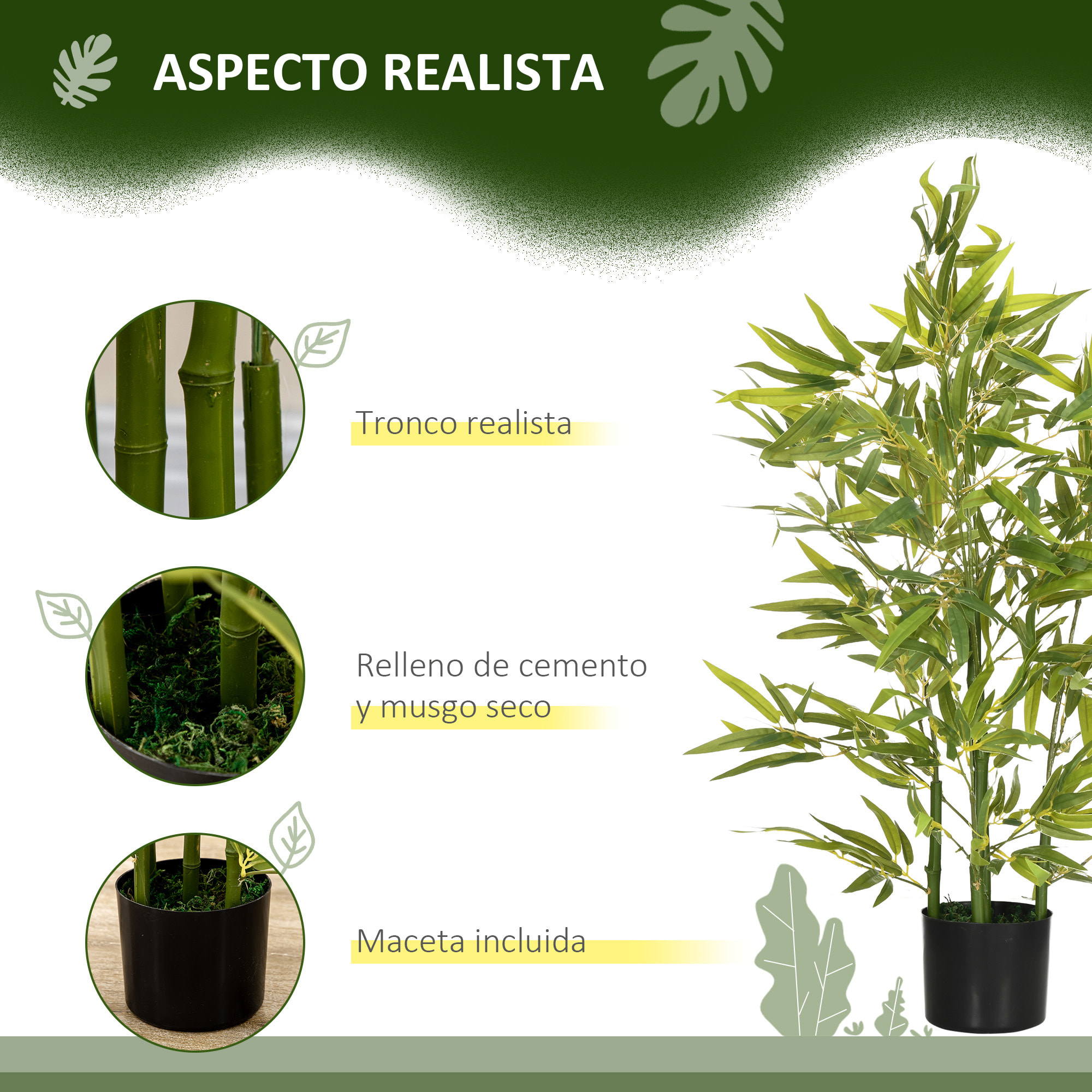 Juego de 2 Plantas Artificiales 90 cm Bambú Artificial con Maceta Plantas Sintéticas para Decoración Hogar Salón Oficina Verde