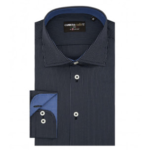 Camicia Uomo 1 Bottone Francese Slim Cotone Poliestere Riga Media Blu\Bianco
