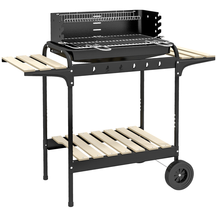 Barbacoa de Carbón con Ruedas Barbacoa Portátil 103x47x95 cm con Parrilla Ajustable en Altura de 5 Niveles Estantes y 6 Ganchos para Pícnic Camping Negro