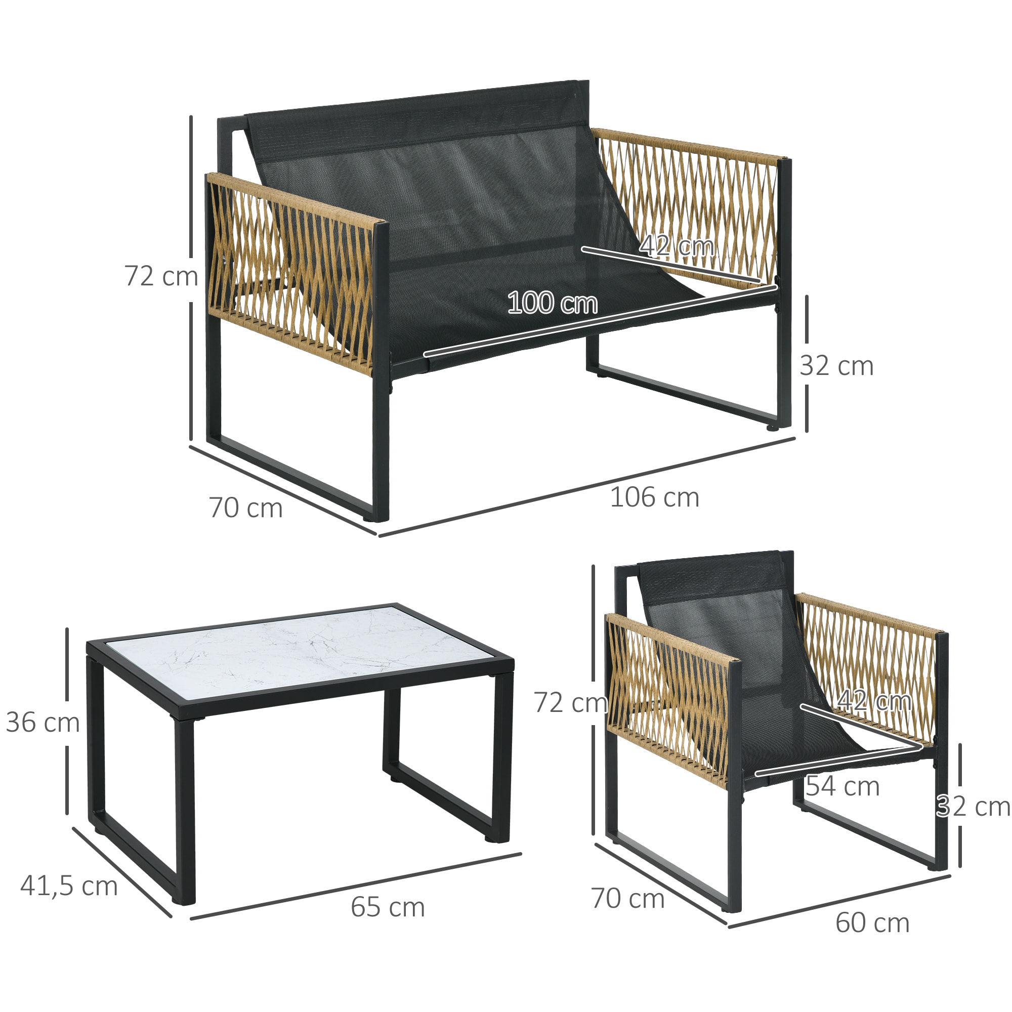 Ensemble salon de jardin  4 places 4 pièces 3 coussins acier résine crème