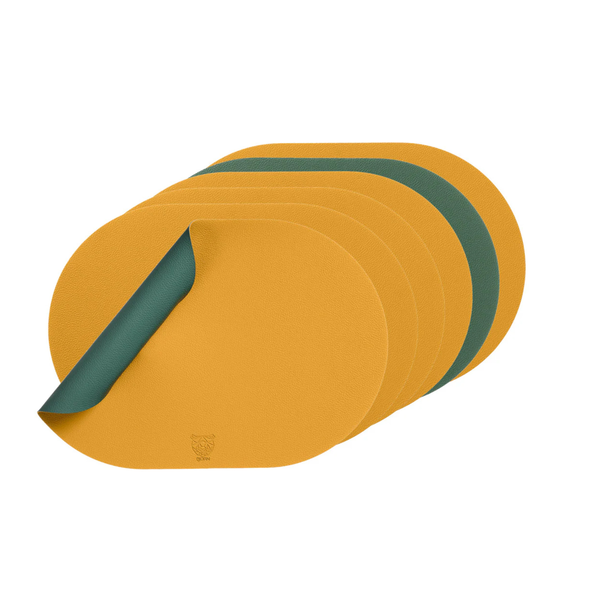 Set de table ovale réversible - 6 pièces - Cuir recyclé jaune moutarde et vert sapin