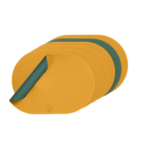 Set de table ovale réversible - 6 pièces - Cuir recyclé jaune moutarde et vert sapin
