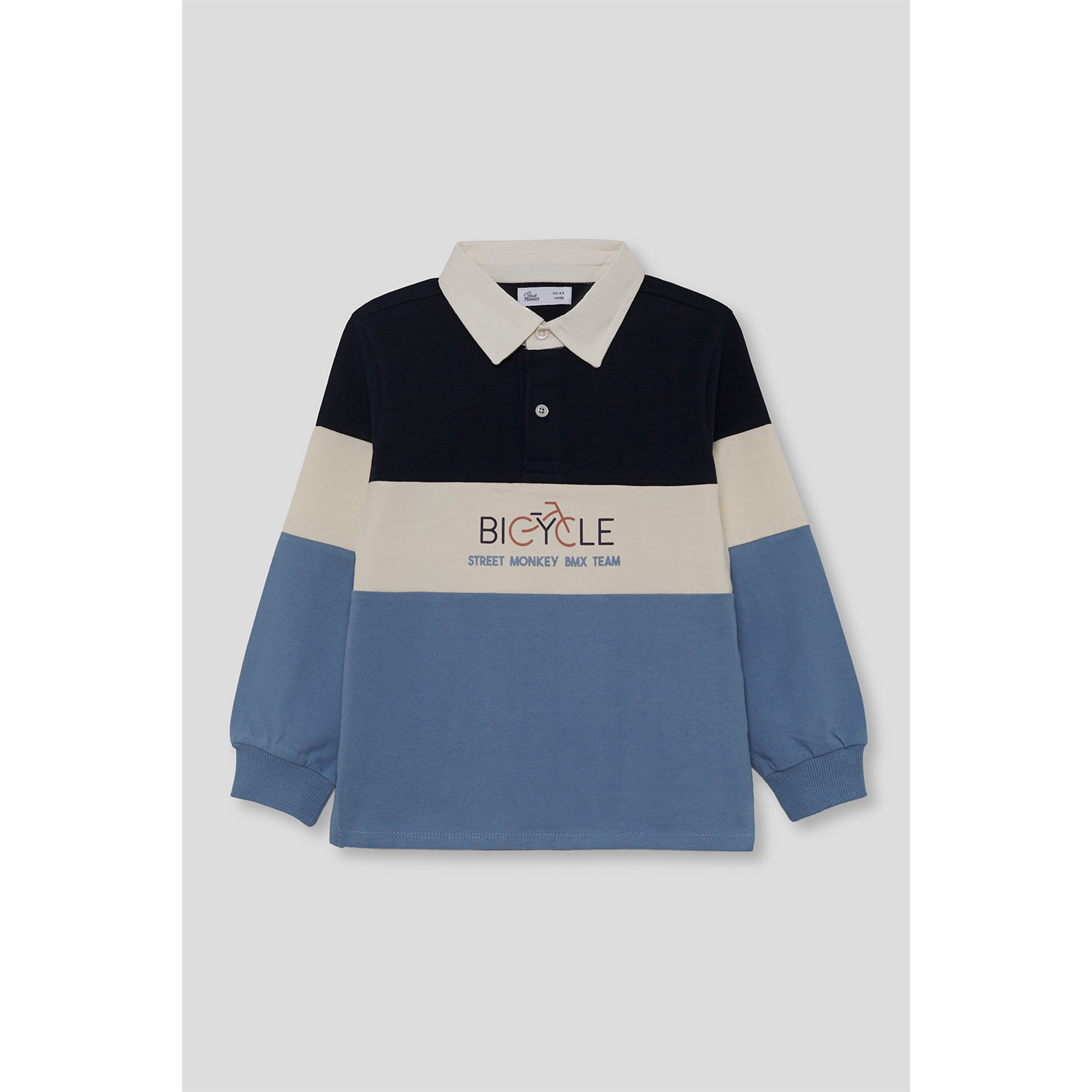 Polo niño de manga larga marino, crudo y azul de franjas anchas, cuello camisero y bicicleta estampada | Color: Crudo | Street Monkey