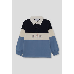 Polo niño de manga larga marino, crudo y azul de franjas anchas, cuello camisero y bicicleta estampada | Color: Crudo | Street Monkey
