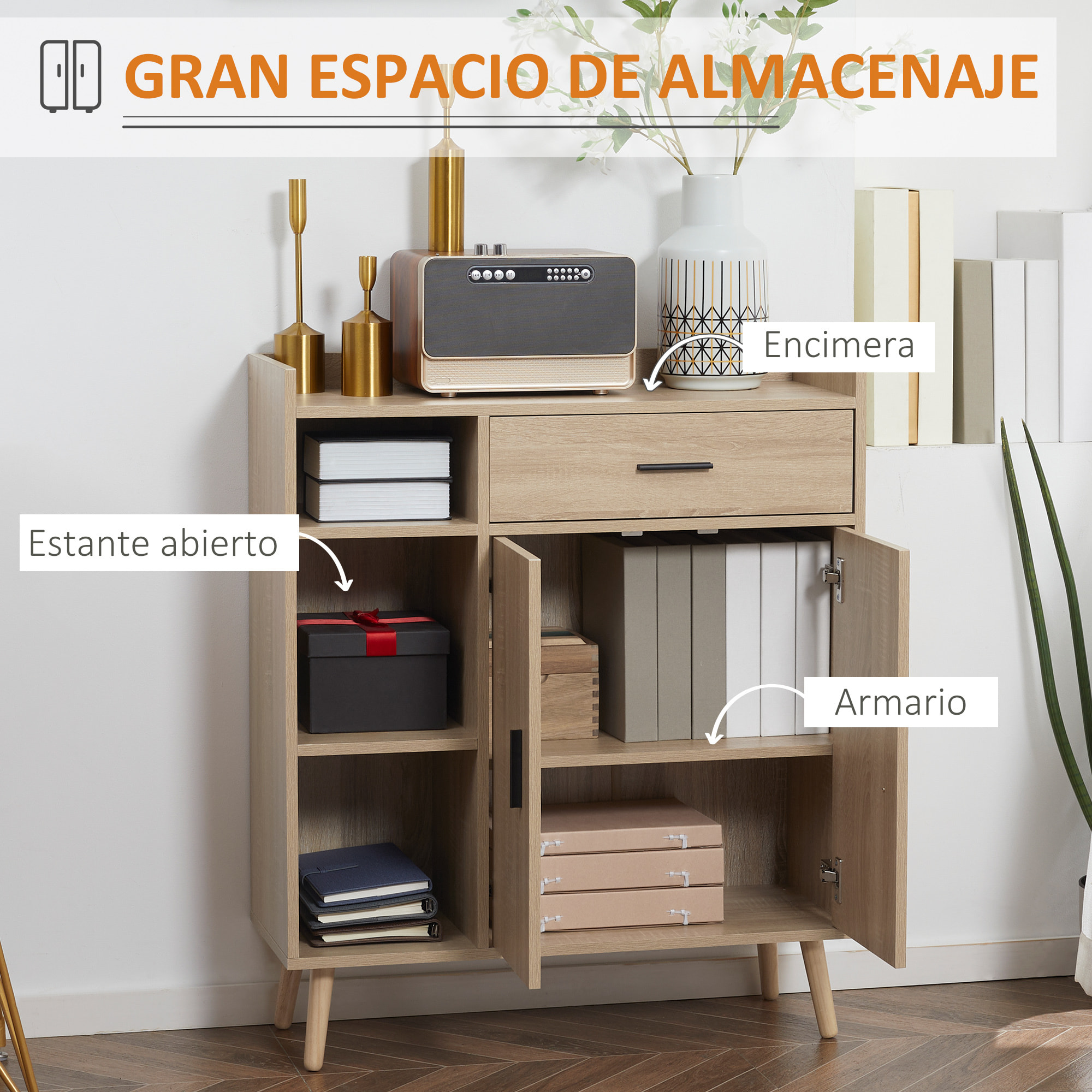 HOMCOM Aparador de Salón Moderno con 2 Puertas 1 Cajón y 3 Estantes Abiertos Mueble Auxiliar de Almacenaje para Cocina Dormitorio Entrada Antivuelco 80x30x96,5 cm Natural