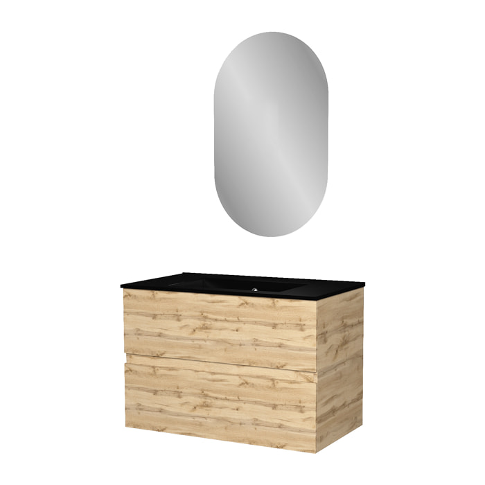 Meuble Salle de Bains 80cm 2 Tiroirs Chêne Naturel + Vasque Noire et Miroir Ovale