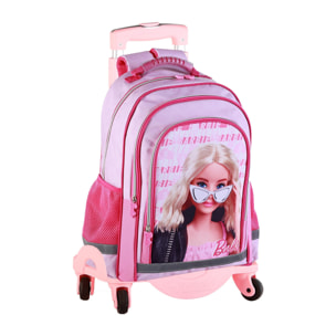 Barbie fashion mochila primaria doble compartimento + carro con protección lateral y stoper frontal, 4 ruedas multidireccionales.