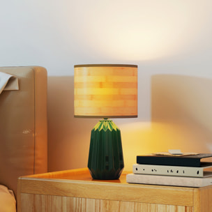 Lámpara de Mesa con Base de Cerámica y Pantalla de Lino Lámpara de Mesita de Noche de Estilo Retro con Interruptor para Dormitorio Salón E27 40W Verde y Madera Natural