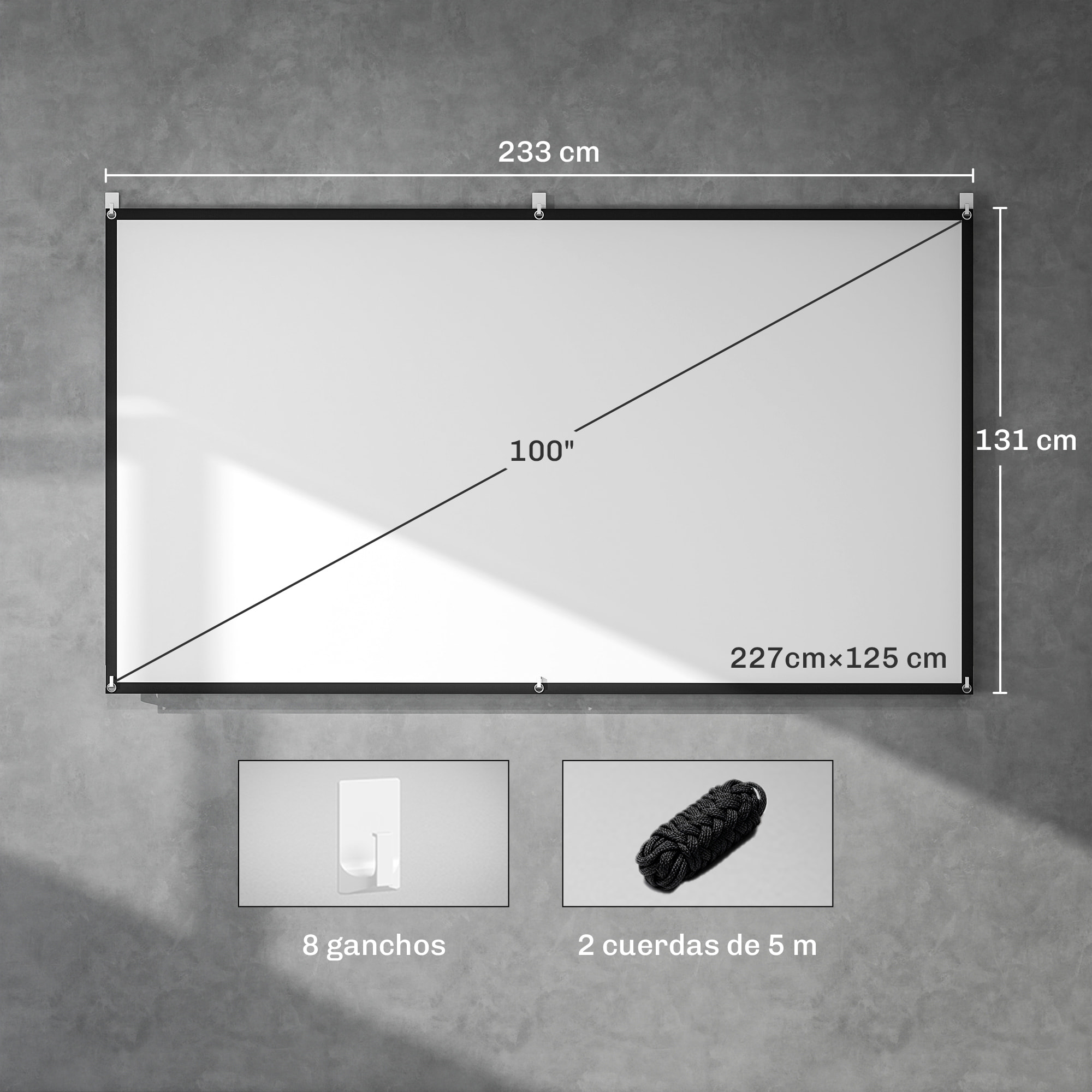 Pantalla de Proyector Manual 100 Pulgadas, Pantalla de Proyección, Formato 16:9, HD 4K/8K, Tela Lavable, para Interior y Exterior, Cine en Casa, Oficina, Patio, Blanco