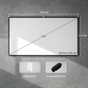 Pantalla de Proyector Manual 100 Pulgadas, Pantalla de Proyección, Formato 16:9, HD 4K/8K, Tela Lavable, para Interior y Exterior, Cine en Casa, Oficina, Patio, Blanco