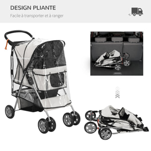 Poussette buggy pliable animaux chariot pliant chien chat porte-gobelet panier de rangement inclus roues avec frein tissu 600D Oxford métal gris