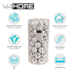 set de 100 bolas de navidad color plata en tubo pet con diferentes diseños y acabados