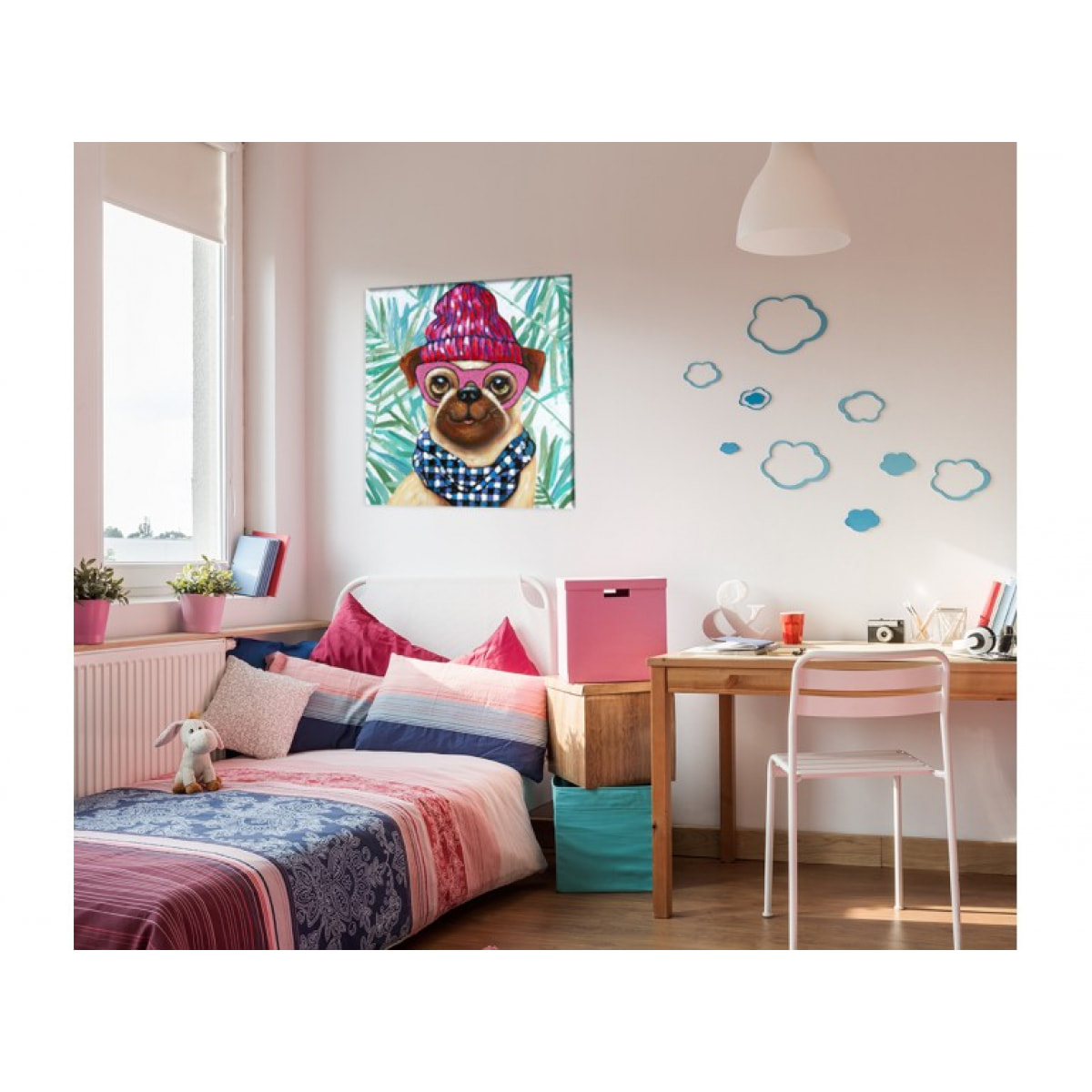 Peinture sur toile 70 cm cadre décoratif mural chien carlin multicolore - BOULY