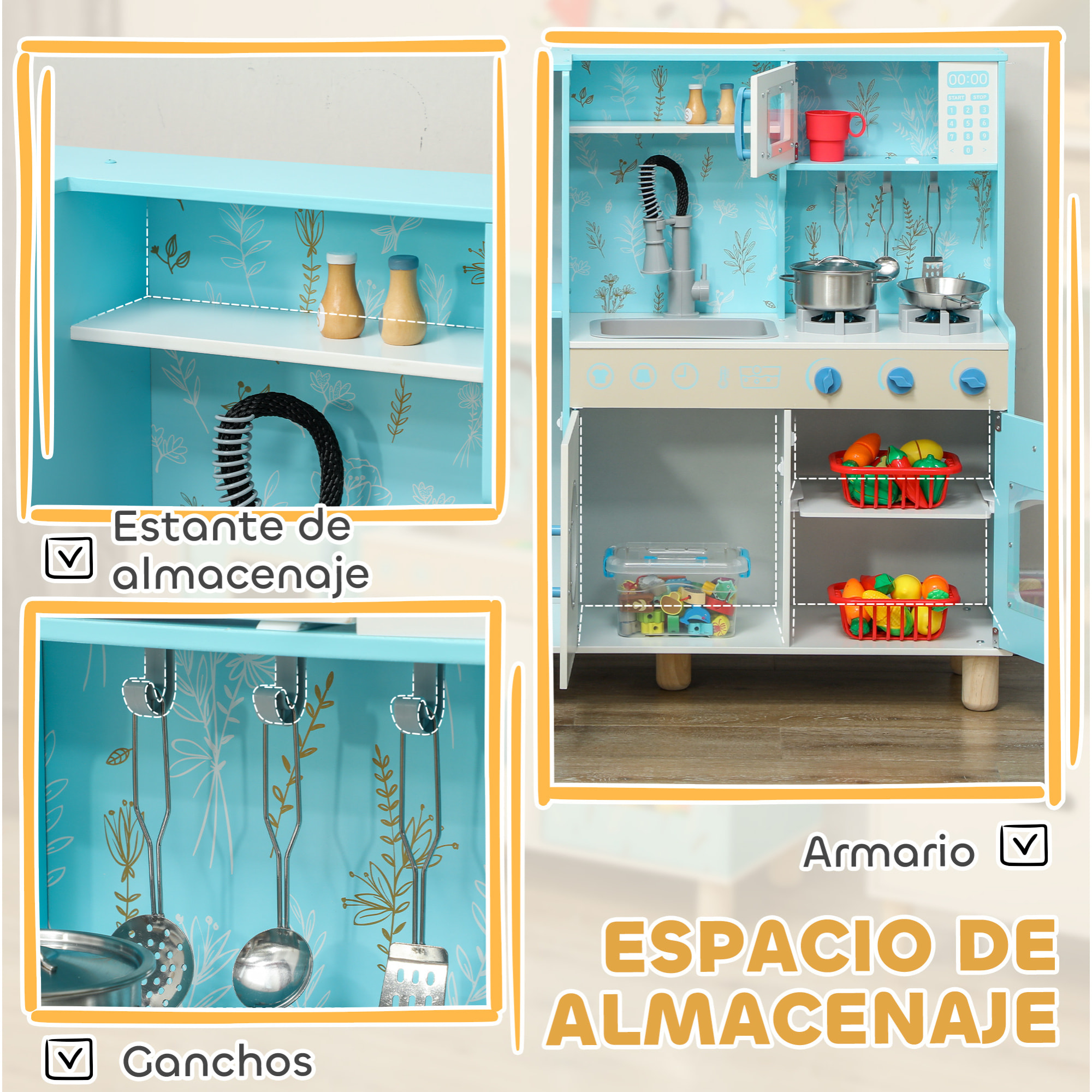 Cocina de Juguete para Niños +3 Años Cocina de Madera Infantil Cocinita Infantil con Sonido Fogón Horno Grifo Fregadero Microondas Lavadora Máquina de Hielo y Accesorios de Cocina Azul