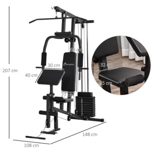 Multiestación Máquina de Musculación con Estribo para Piernas Poleas y Placas de Peso de 45 kg para Entrenamiento Fitness en Hogar Gimnasio 148x108x207 cm Negro