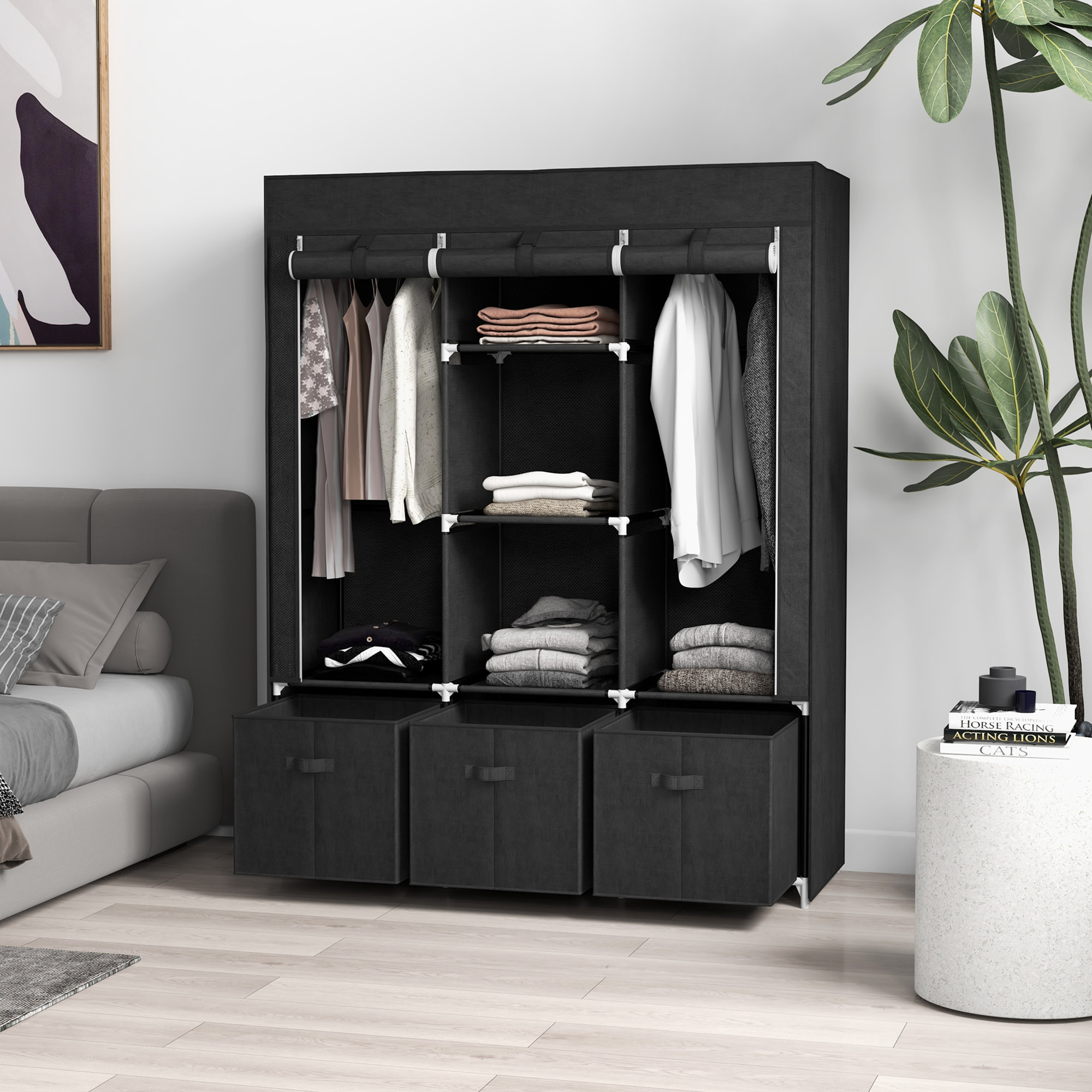 Armoire penderie pliable 5 étagères 2 tringles 3 tiroirs tissu noir