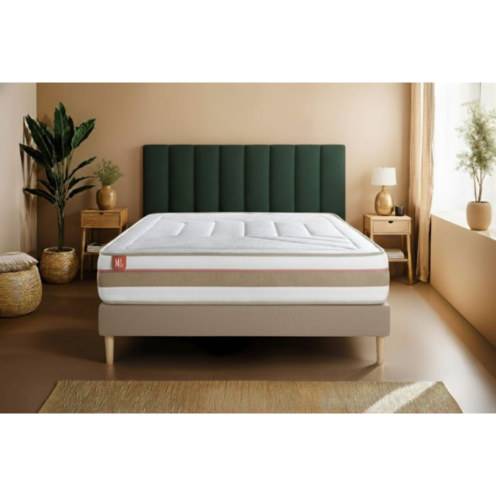 Ensemble Matelas Le Tendre - 28cm - Ressorts ensachés et mémoire de forme - Enveloppant - Sommier Tapissier Beige