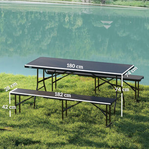 Ensemble table 2 bancs pliables avec poignées - usage pique-nique camping - métal époxy HDPE effet rotin noir