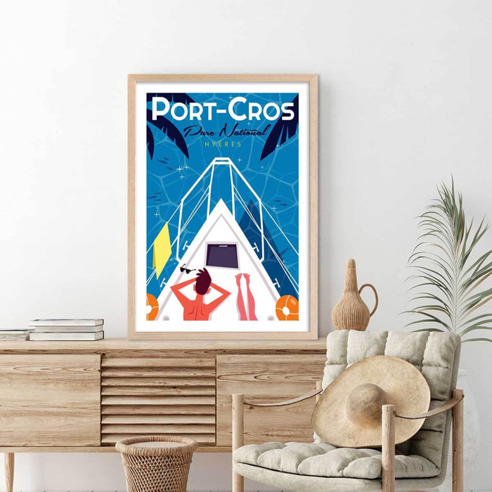 Poster de bronzette à port cros Affiche + cadre en bois - Chêne