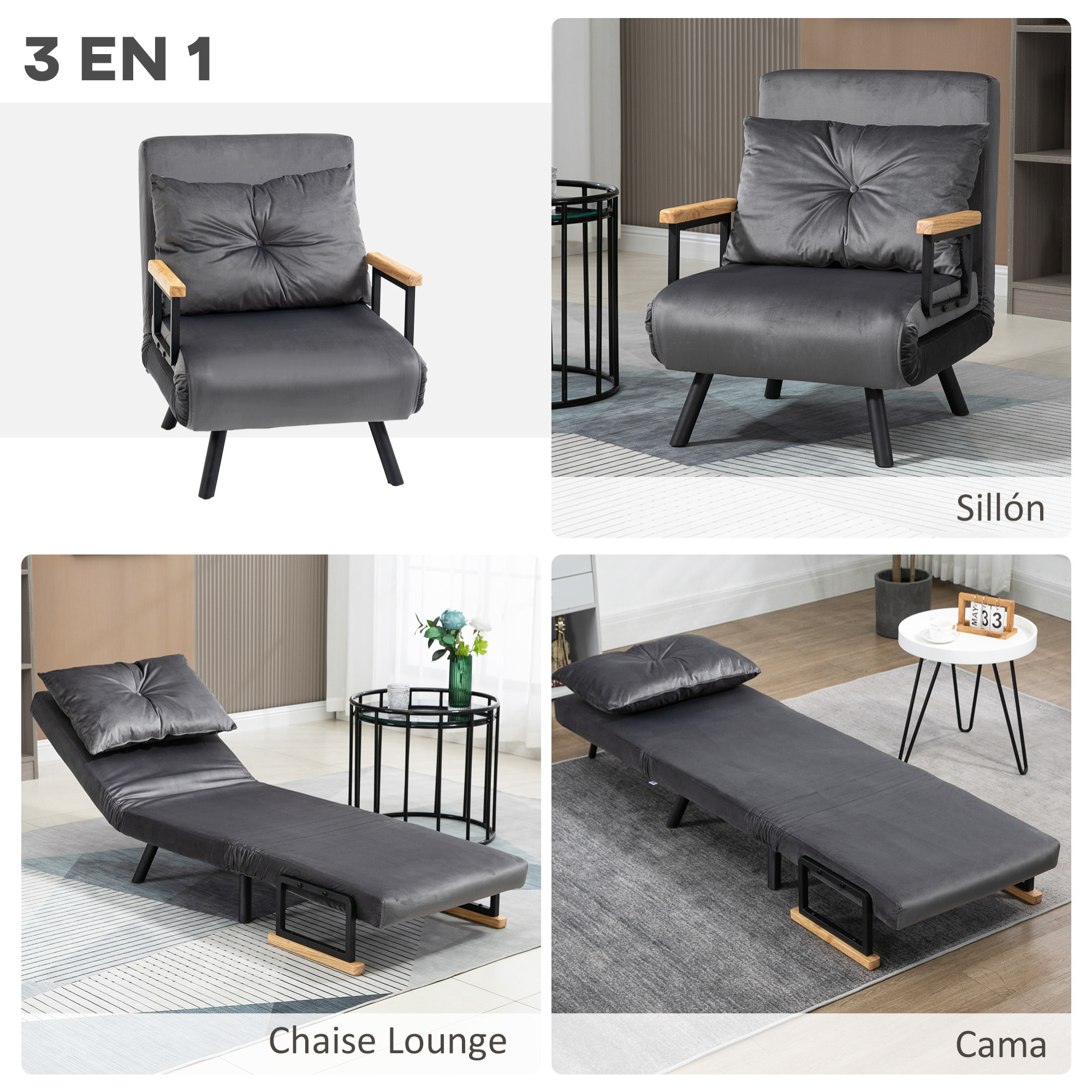 Sofá Cama Individual Plegable Silla Cama Convertible 3 en 1 con Respaldo Ajustable de 5 Niveles y Almohada Acolchada para Oficina Dormitorio Salón Carga 120 kg 63x73x81 cm Gris