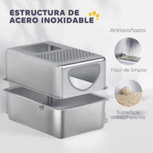 Arenero para Gatos de Acero Inoxidable XL Caja de Arena para Gatos Arenero con Pala Aberturas Dobles Fácil de Limpiar Plata