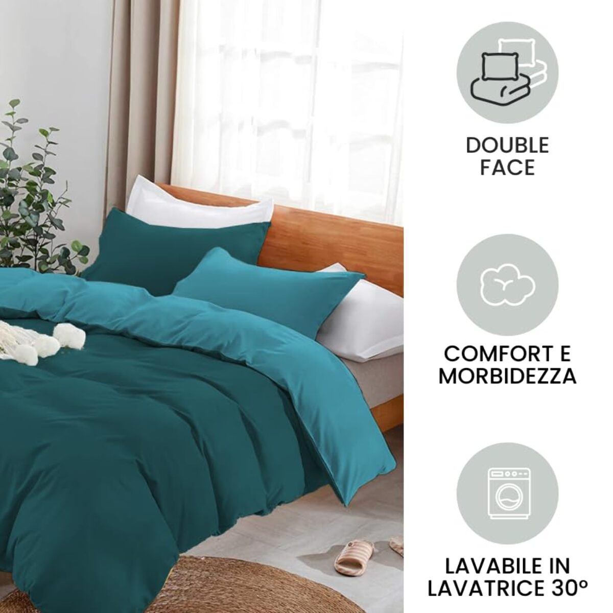 Parure Copripiumino Bicolore Matrimoniale, Set Sacco Copripiumino in Cotone con Federe