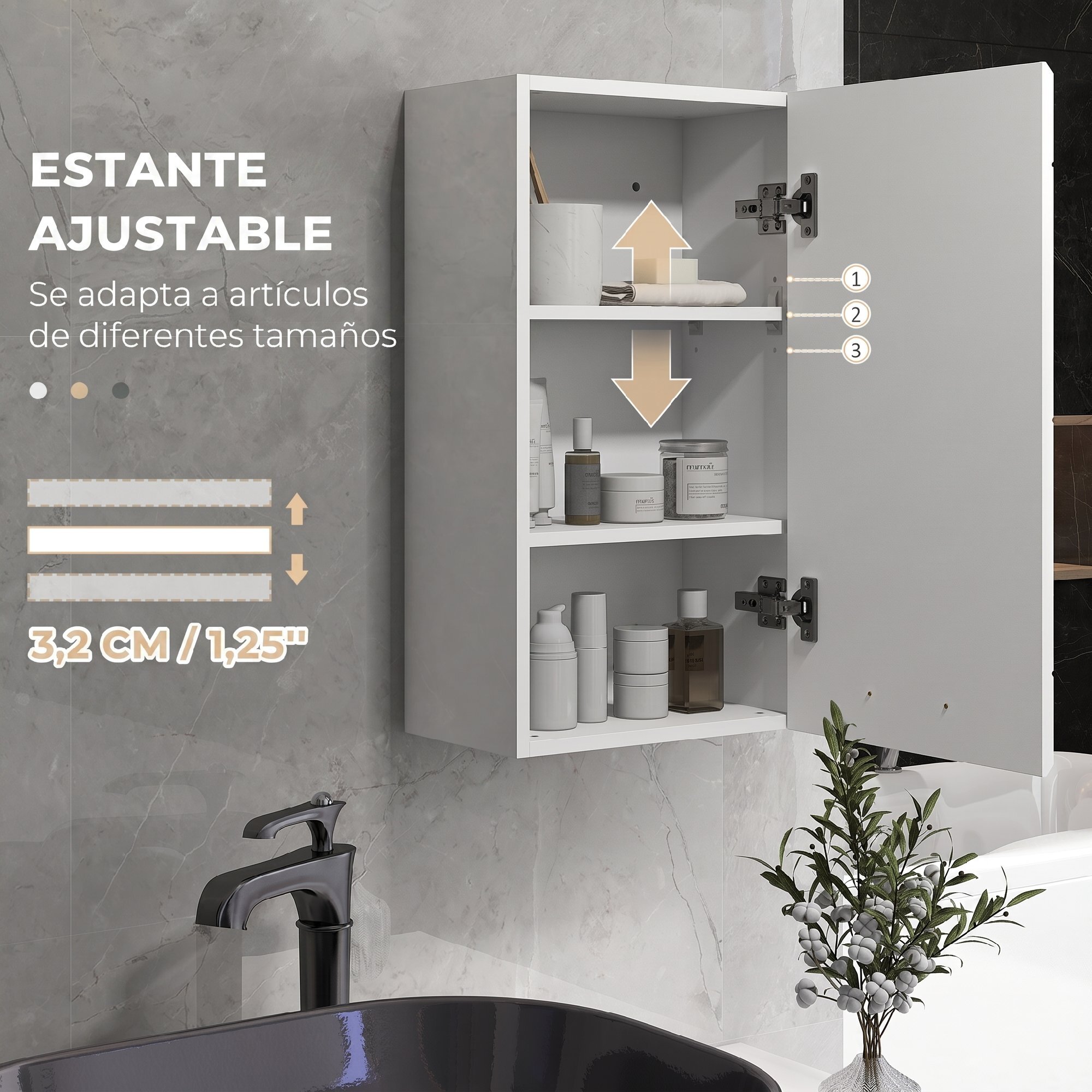 Armario de Baño de Pared, Mueble de Baño Colgar con Estante Ajustable, para Cocina, Lavadero, Dormitorio, Blanco Brillo