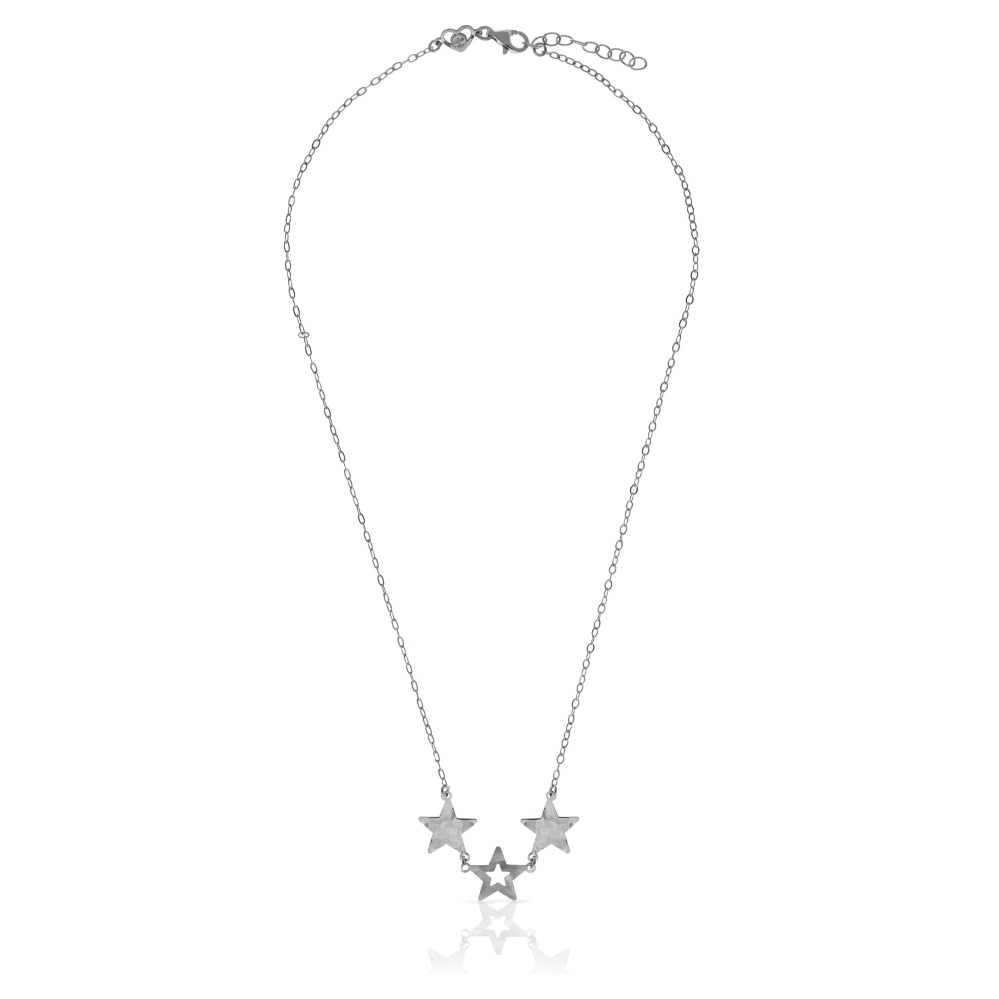 FIRENZE SILVER. AquaStel Collar Plata de Ley 925. Estrella contorneada y dos estrellas laminadas.Motivo forma de corazón junto al cierre. Plata Rodiada.