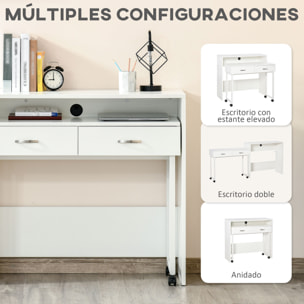 Escritorios Apilables Conjunto de 2 Mesas Escritorio para Ordenador Portátil con Ruedas 2 Cajones para Oficina 100x36x88 cm Blanco