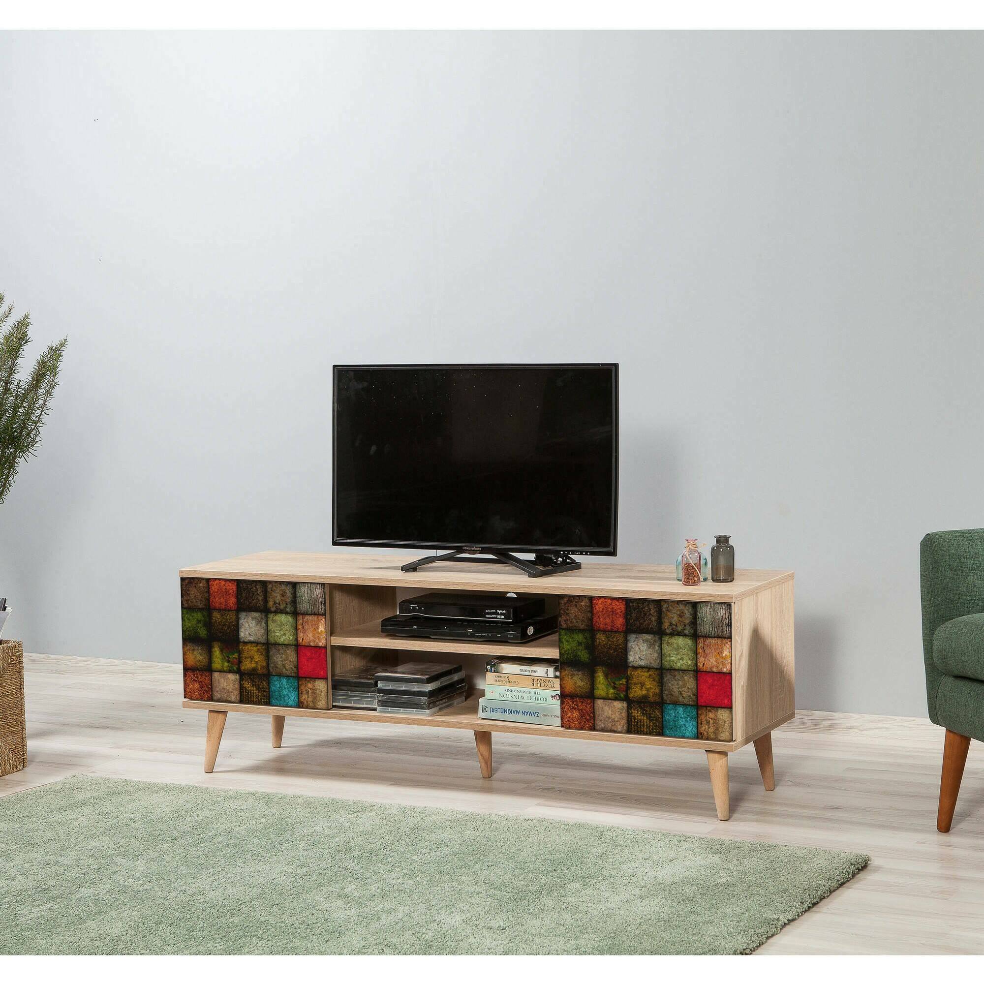 Mobile porta TV Dfantacc, Credenza da soggiorno, Armadio basso per TV, Base parete attrezzata, 140x40h50 cm, Quercia e Multicolore