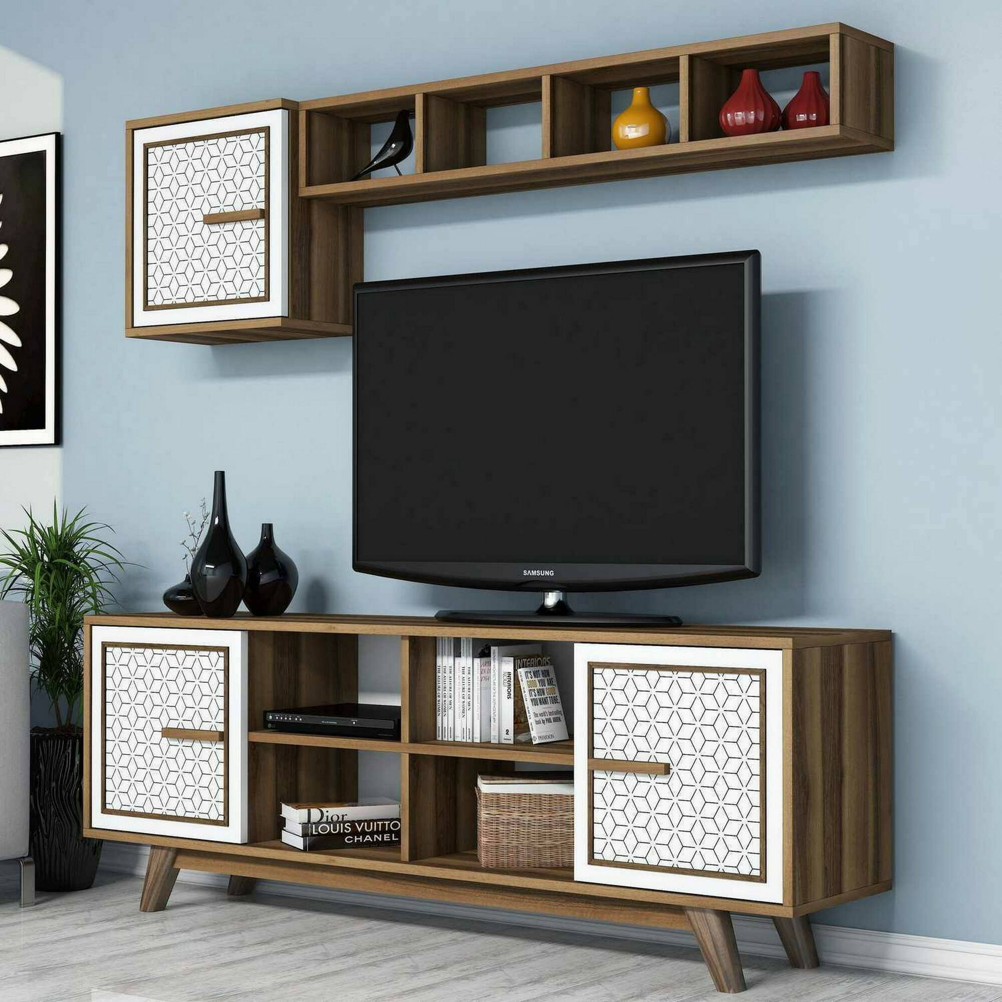 Mobile porta TV Djajal, Credenza da soggiorno, Armadio basso per TV, Base parete attrezzata, 160x35h56 cm, Noce e Bianco