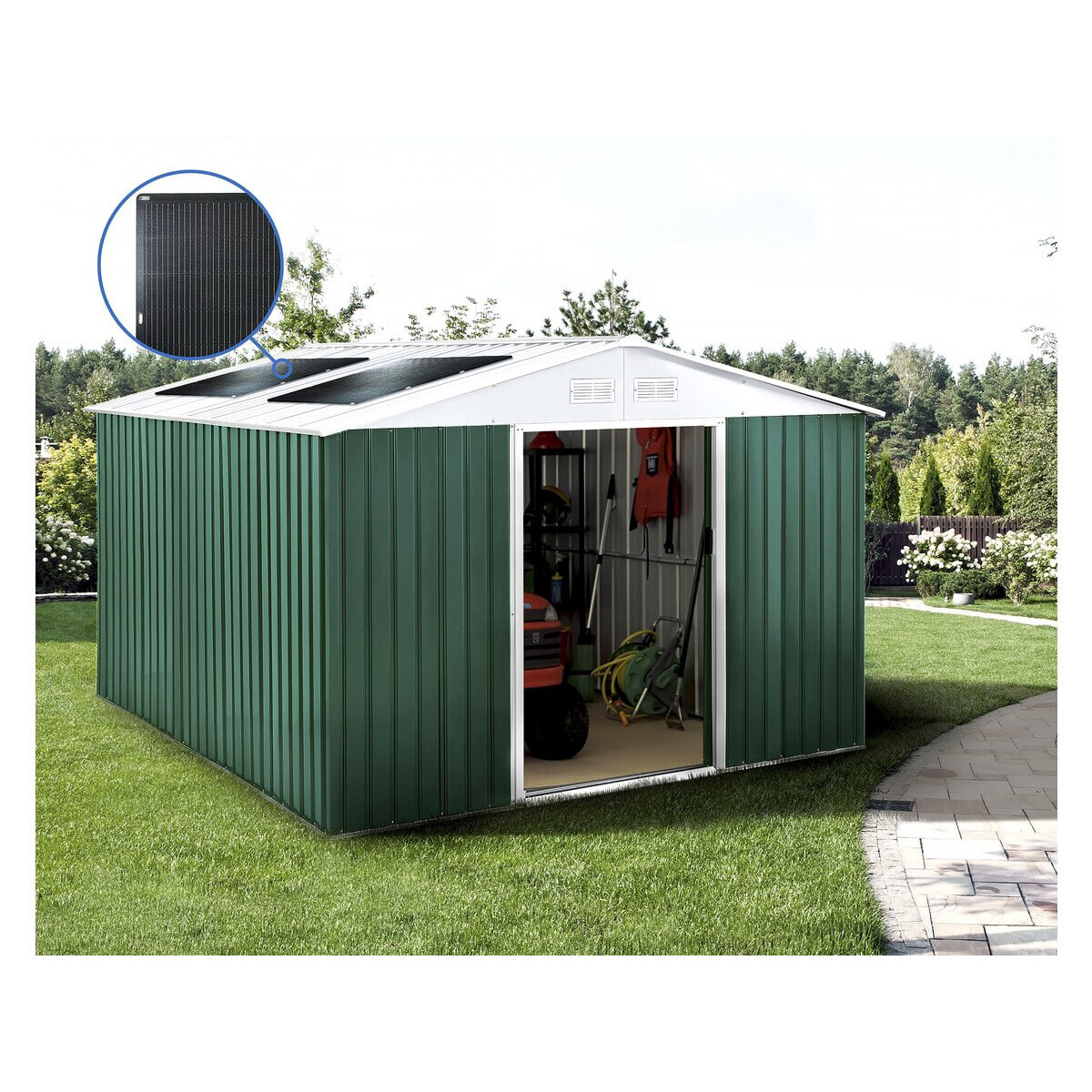 Abri de jardin métal - "Rosas " - 10,85 m² avec panneaux solaires - Vert