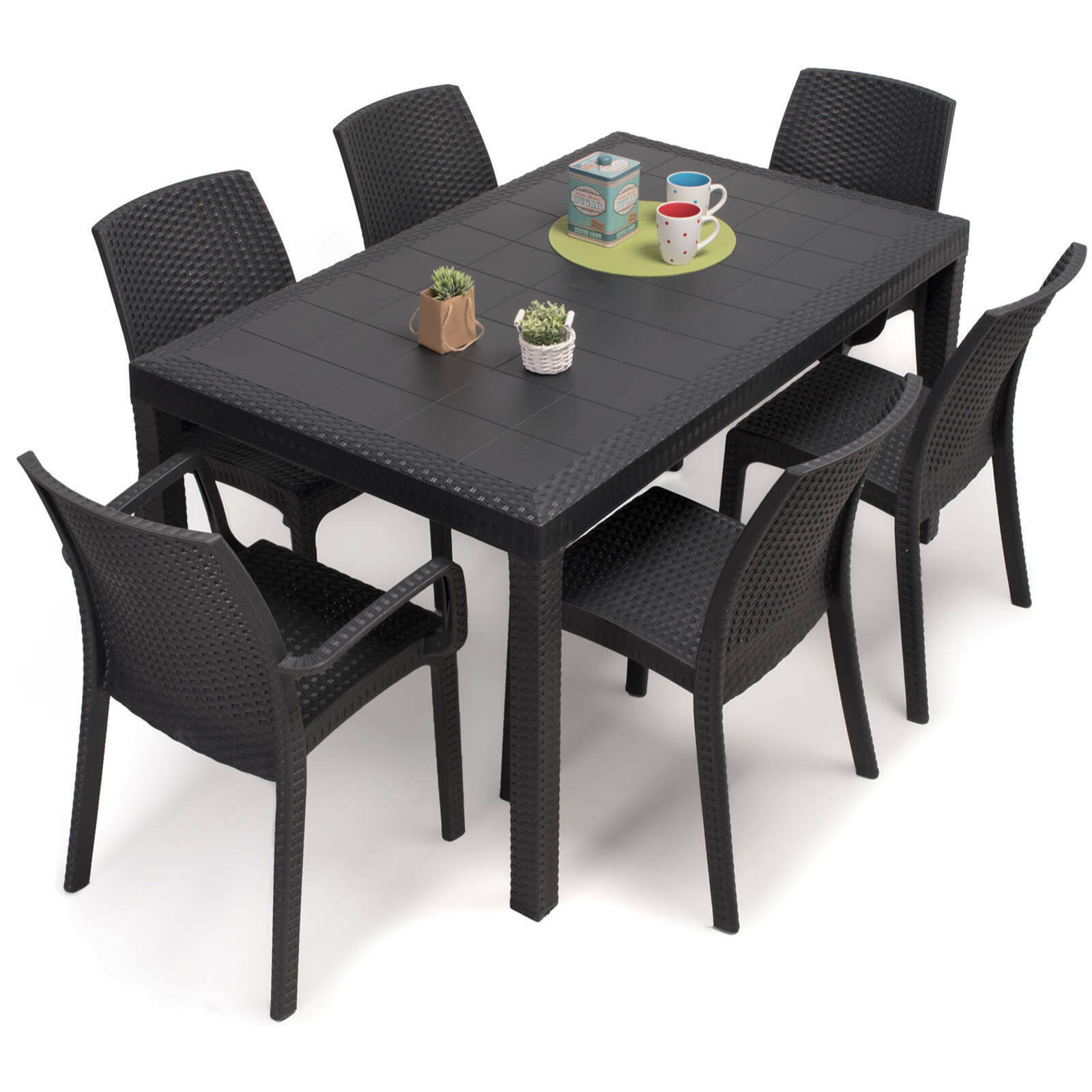 Tavolo da esterno Portici, Tavolo rettangolare da pranzo, Tavolo da giardino multiuso effetto rattan, 100% Made in Italy, Cm 150x90h72, Antracite