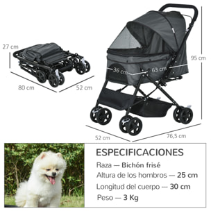 Cochecito para Mascotas Plegable Carrito para Perros Gatos con Toldo Ajustable Cesta de Almacenaje Correas de Seguridad y Frenos Tela Oxford 600D Acero 76,5x52x95 cm Gris