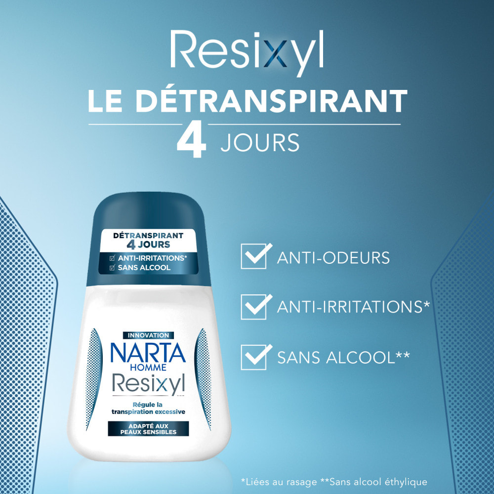 Lot de 12 - Narta Resixyl Homme Déodorant Détranspirant Bille 4 jours Sans Alcool 50ml
