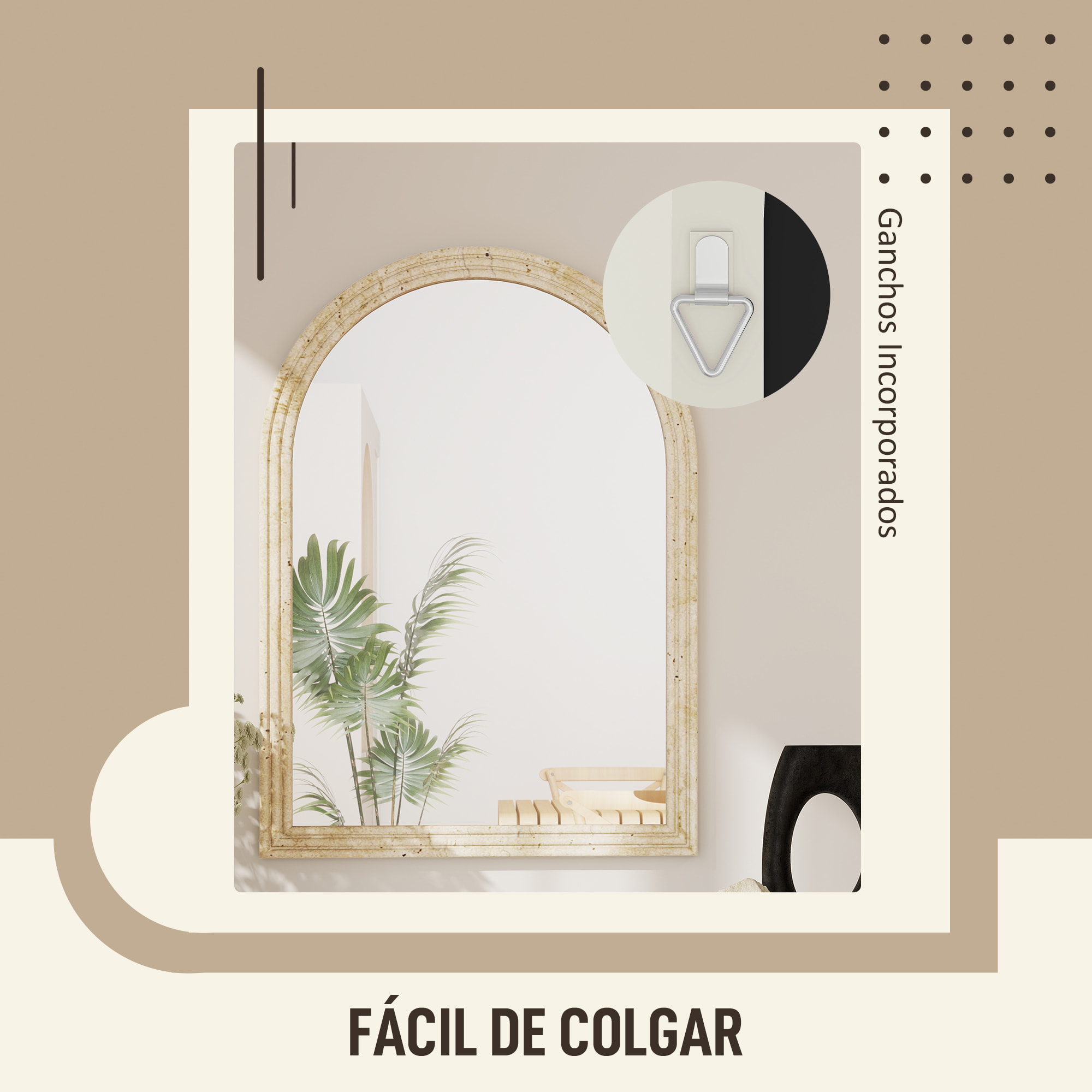 Espejo de Pared Arqueado, Espejo de Baño 60x90 cm con Marco de Imitación de Piedra de 3 Niveles, Estilo Moderno, para Salón, Dormitorio, Entrada y Pasillo, Beige