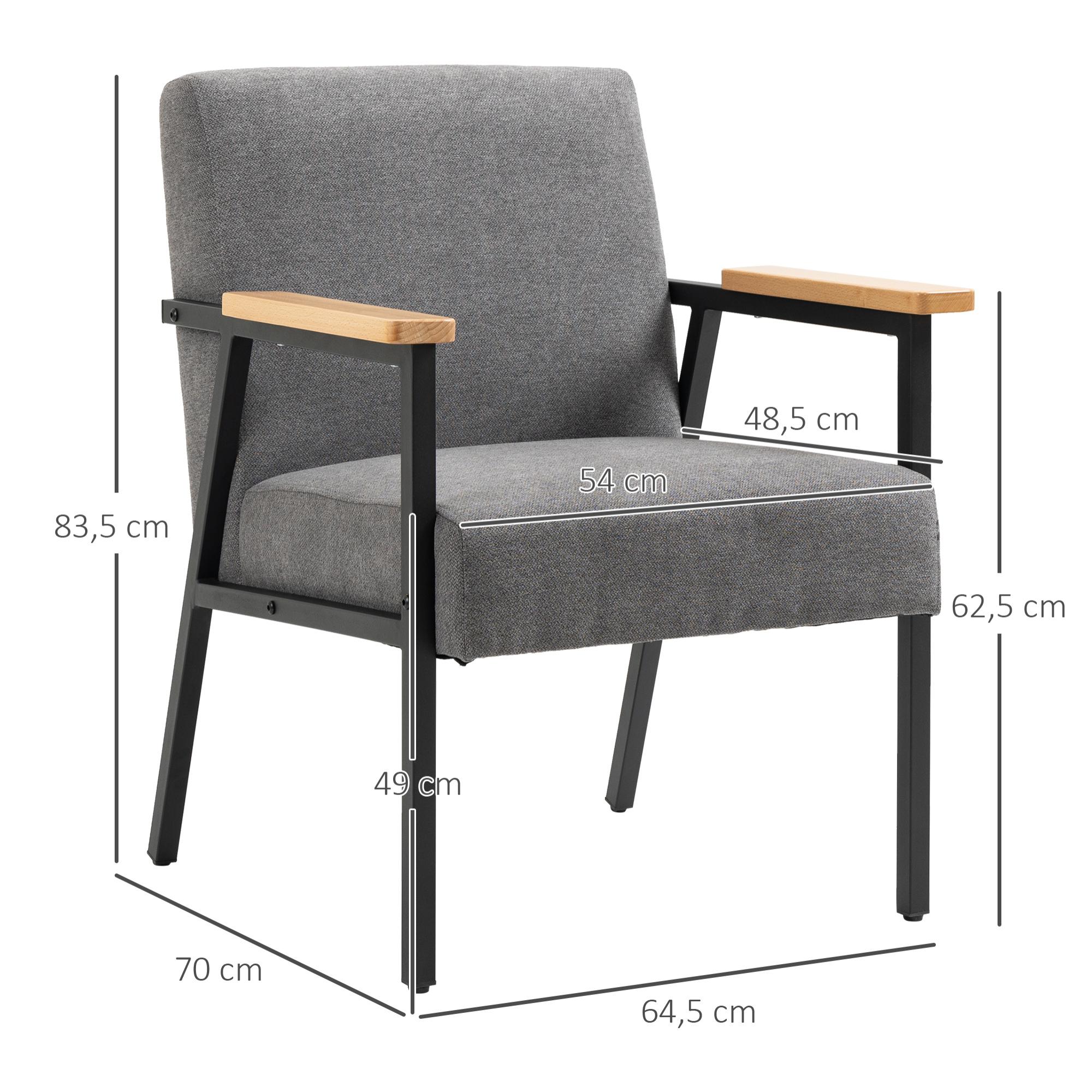 Butaca de Salón Sillón Decorativa Moderna Tapizado en Poliéster con Reposabrazos de Madera y Patas de Acero para Cocina Oficina Dormitorio 64,5x70x83,5 cm Gris