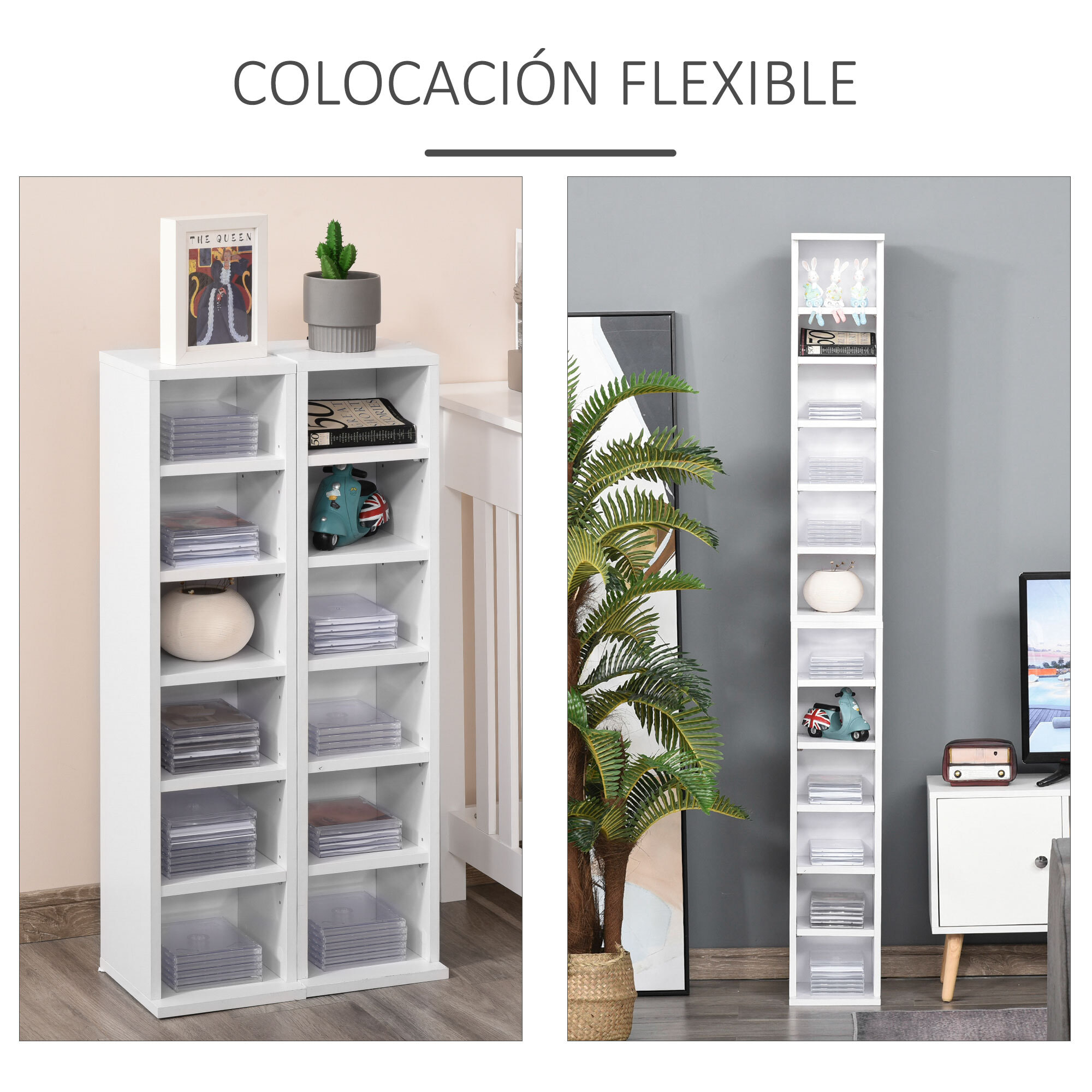 Estantería para CD o DVD Soporte para CD con 12 Compartimientos para 204 CD's y Estante Ajustable para Salón Dormitorio Oficina 2 Unidades 21x22.5x88,5 cm Blanco