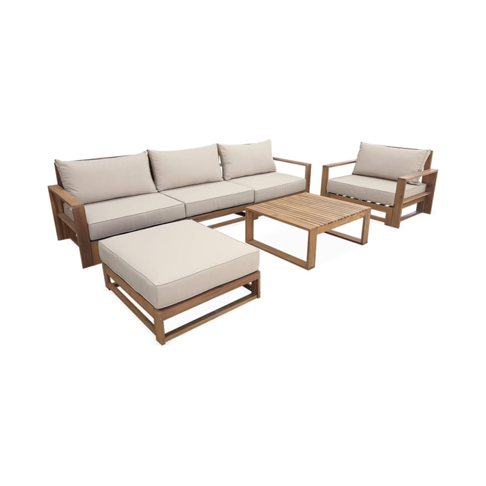Salon de jardin en bois 5 places - Mendoza - Coussins beiges. canapé. fauteuils et table basse en acacia. 6 éléments modulables. design
