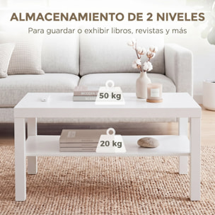 Mesa de Centro, Mesa de Café para Salón con Estante Abierto, Tablero Grueso, para Sala de Estar, Comedor, Oficina, 90x45x44,5 cm, Blanco