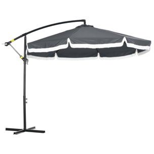 Parasol déporté grande taille dim. Ø2,95 x 2,6H m manivelle pied en croix 8 baleines gris