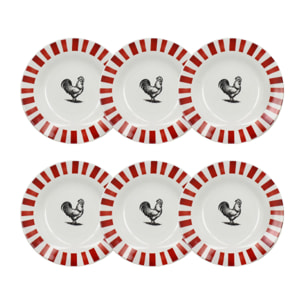 Lot de 6 assiettes creuses 20cm en porcelaine rouge et blanc COCORICO