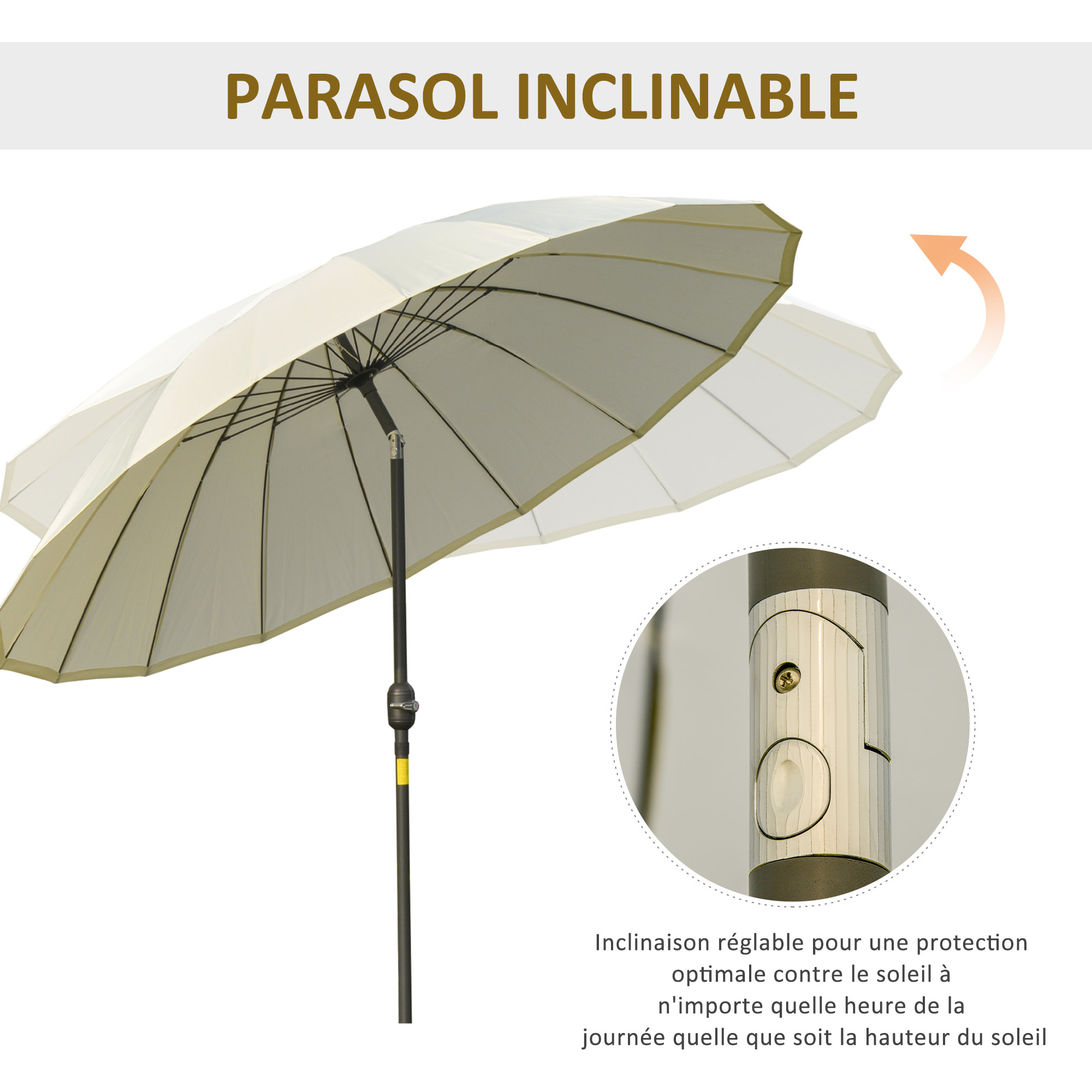 Parasol inclinable rond avec manivelle métal fibre de verre Ø 2,55 m polyester haute densité beige