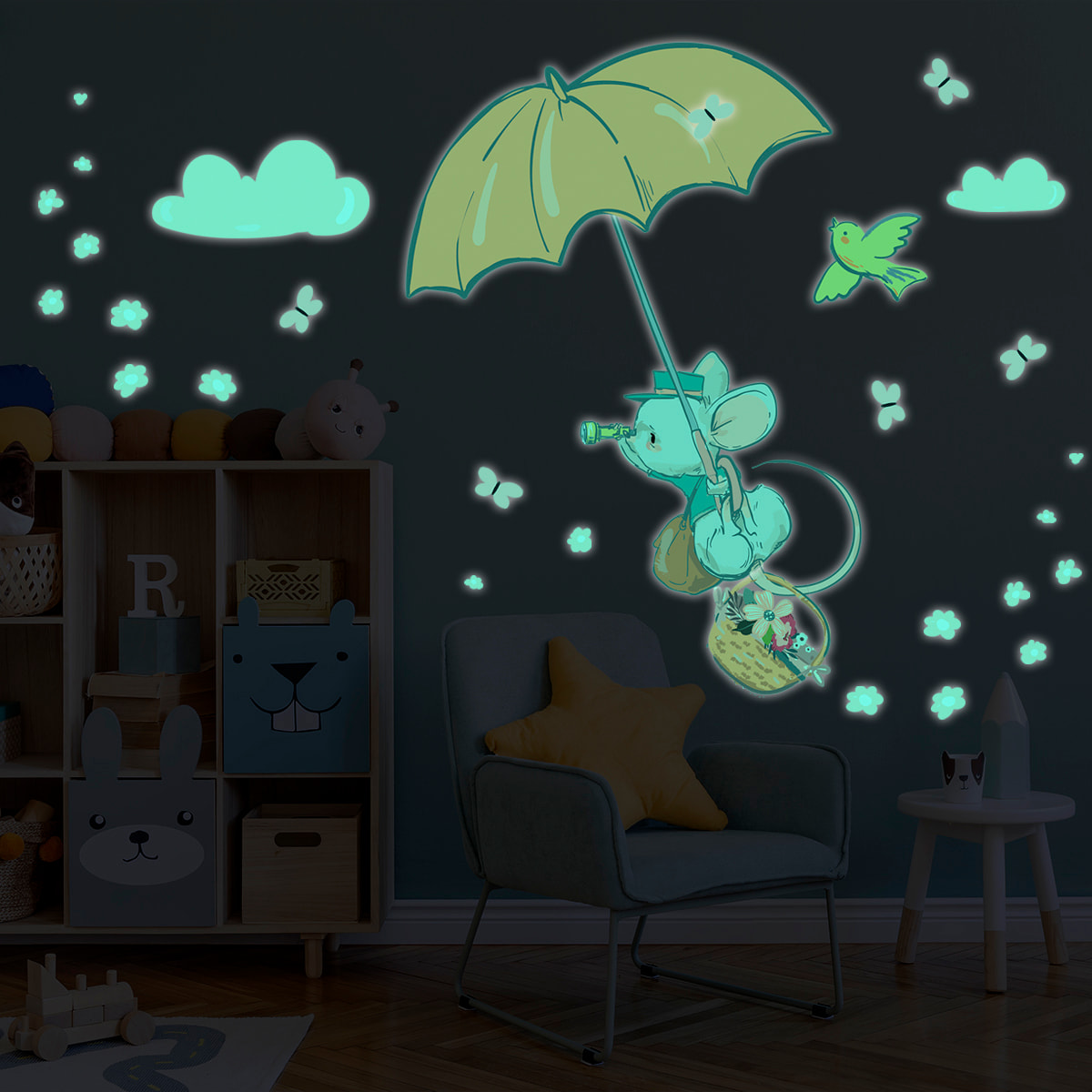 Sticker phosphorescent lumineux - SOURIS EN PARAPLUIE