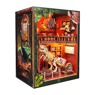 Estudio de dinosaurios. Book Nook de madera, diseño 3D realista con gran detalle, cubierta y luces led. Con 153 piezas.