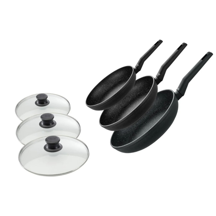 Set de 3 poêles 20 cm 24 cm et 28 cm et 3 couvercles Elo Granit Solution